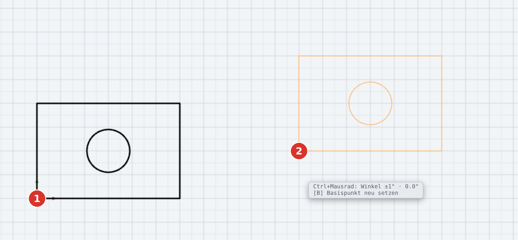 After Ctrl+C with base point (1) the copy hangs at the pointer when pasting (2); the placement HUD shows angle and factor
