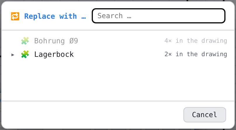 Choosing the target block with search field; the current block is greyed out