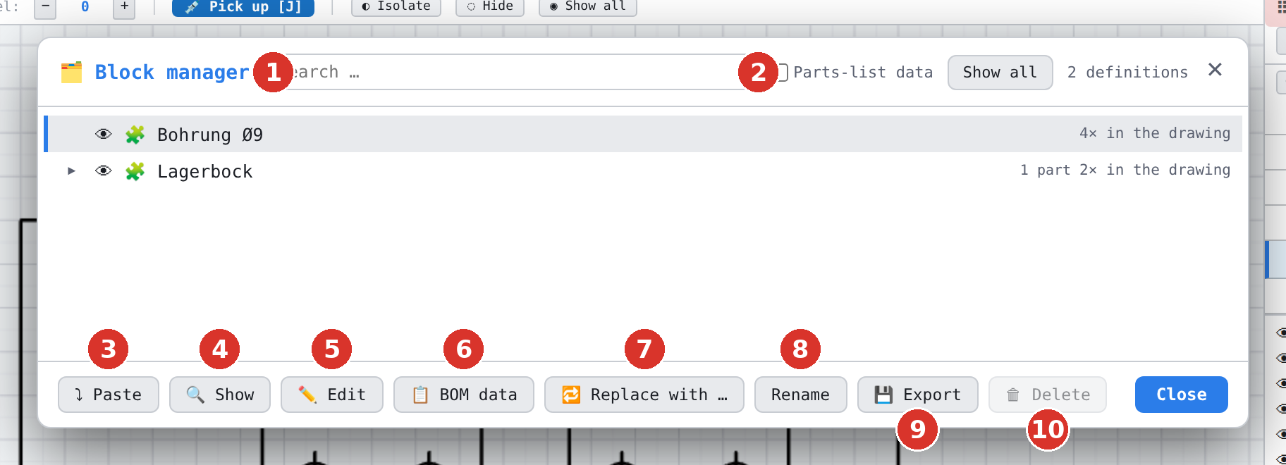 The window «Block manager»