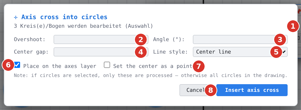 Dialog: (1) number of circles, (2) overshoot, (3) angle, (4) centre gap, (5) line style, (6) place on the axes layer, (7) set the centre as a point, (8) Insert axis cross