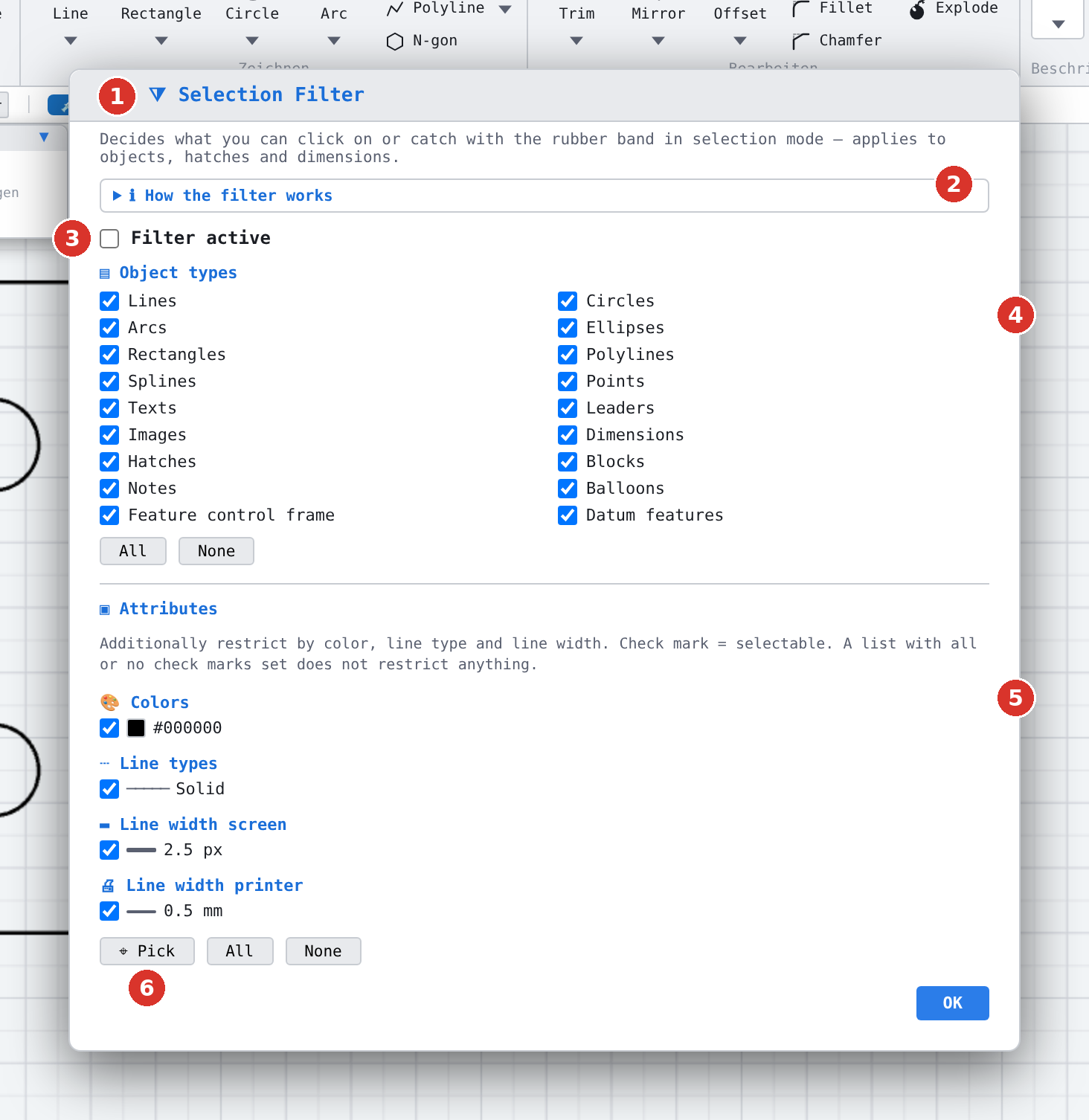 The «Selection Filter» dialog: (1) title bar for moving it, (2) collapsed info text, (3) «Filter active», (4) object types, (5) attributes, (6) «Pick»