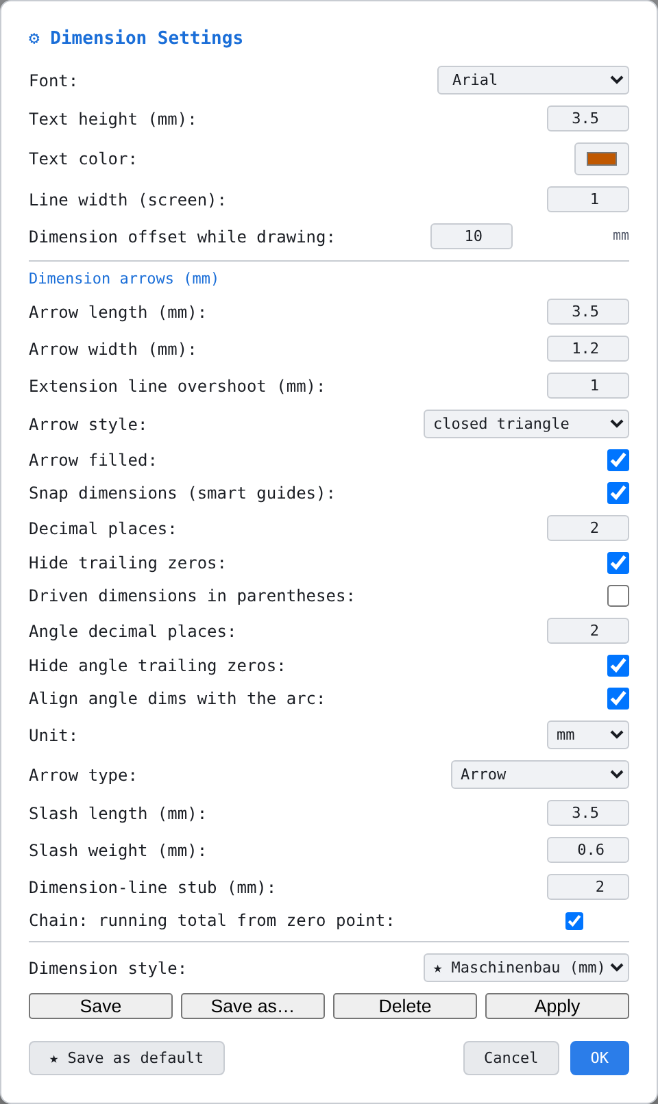 The «Dimension Settings» dialog with the factory values of the style «Maschinenbau (mm)»