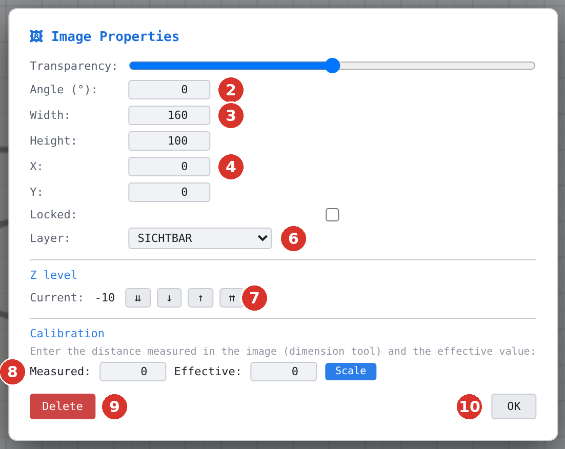 Dialog “Image properties”: (1) transparency, (2) angle, (3) width and height, (4) X and Y, (5) Locked, (6) layer, (7) Z level, (8) calibration, (9) Delete, (10) OK