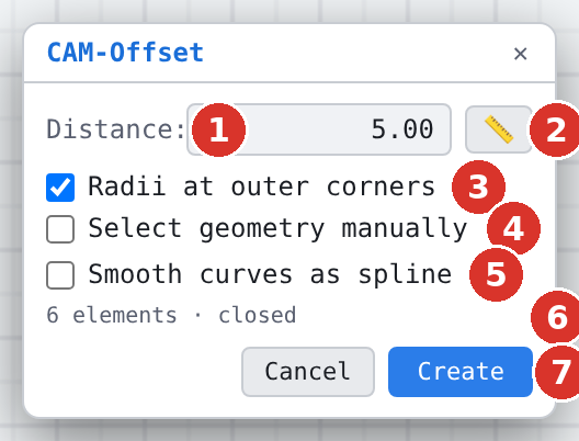 (1) Distance, (2) measure distance, (3) Radii at outer corners, (4) Select geometry manually, (5) Smooth curves as spline, (6) state of the contour, (7) Create