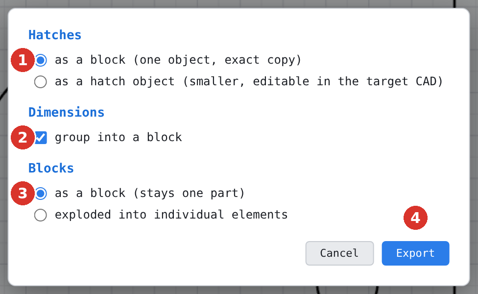 Dialog “DXF options”