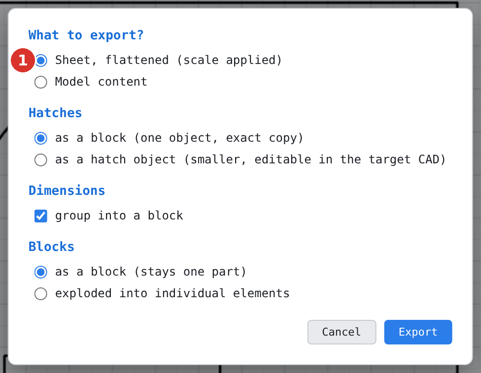 The same dialog on a sheet: (1) “Sheet flattened (scale applied)” or “Model content”