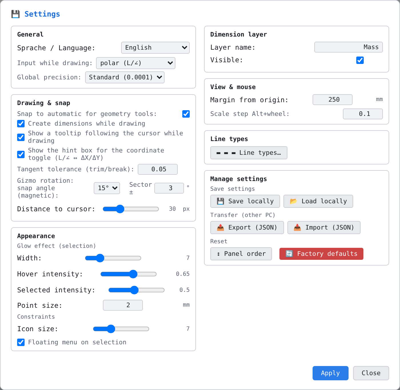 The «Settings» dialog with its seven boxes