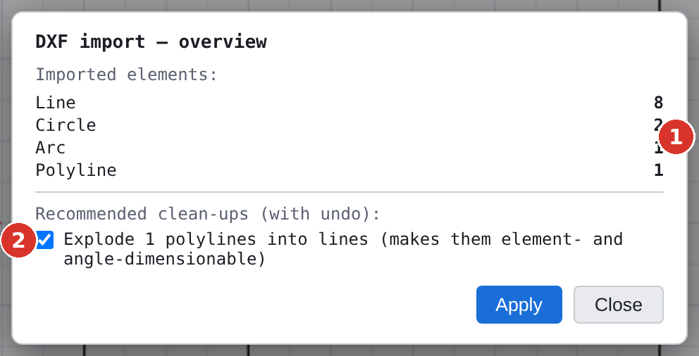 Overview after the import: (1) tally per element type, (2) recommended clean-up with a tick box