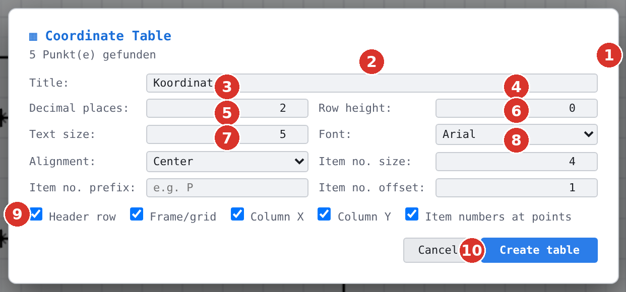 Dialog “Coordinate table”