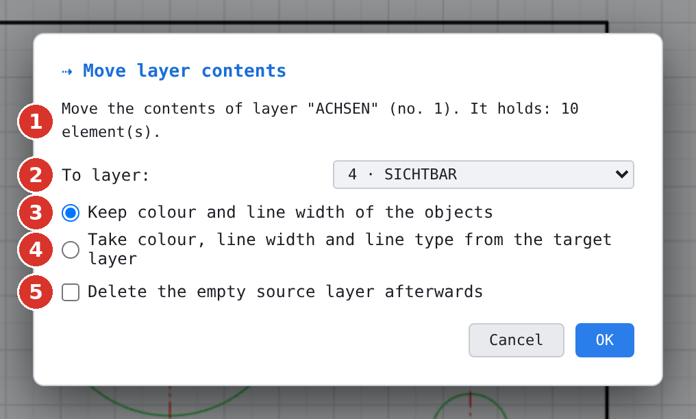 “Move layer contents” dialog: (1) contents, (2) target, (3) keep appearance, (4) take from target, (5) delete source layer