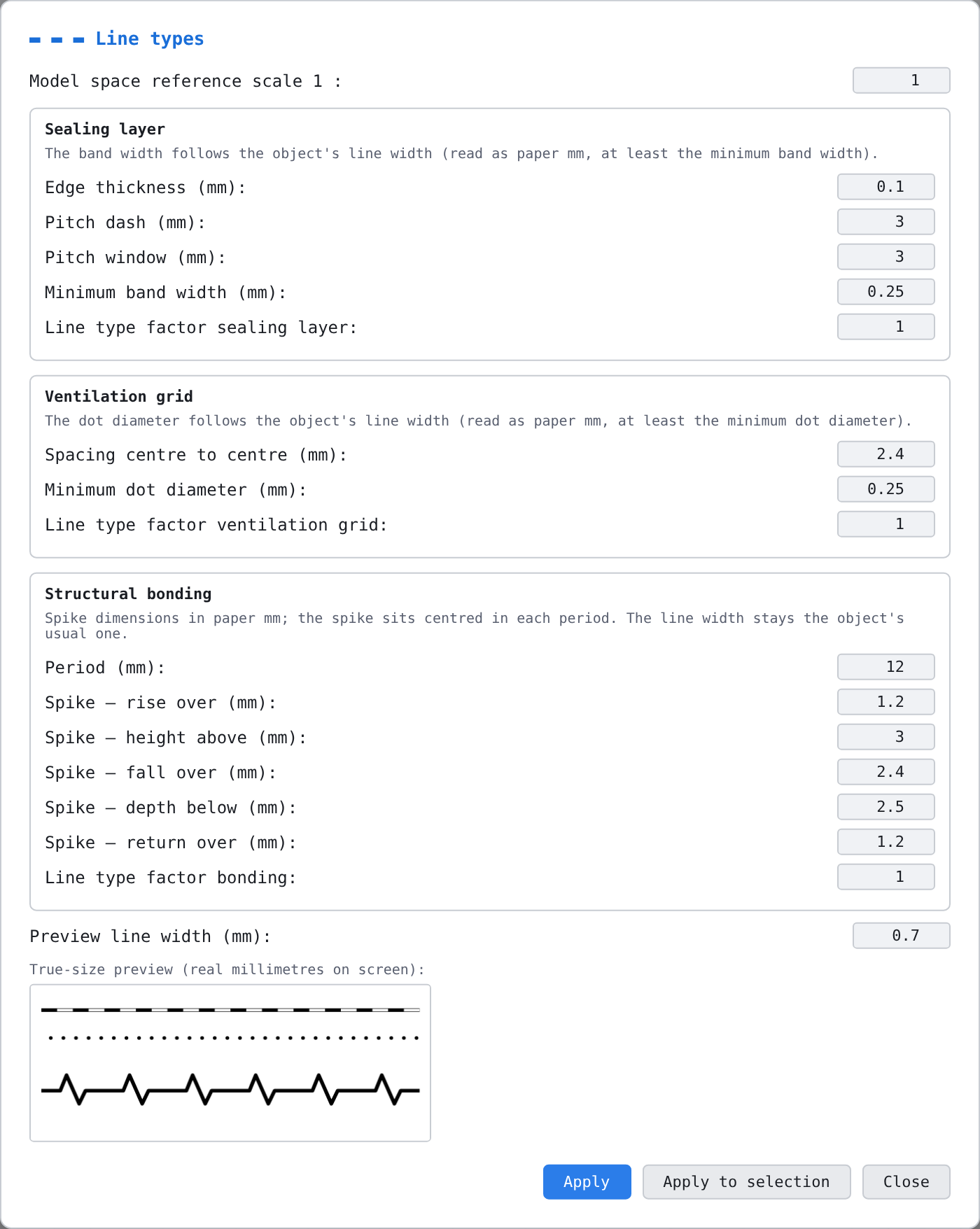 The «Line types» dialog
