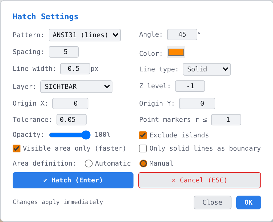 «Area definition: Manual» — the two buttons for creating and cancelling are shown.