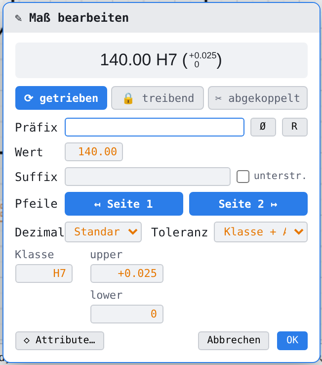 «Edit dimension» with tolerance «class + deviations»