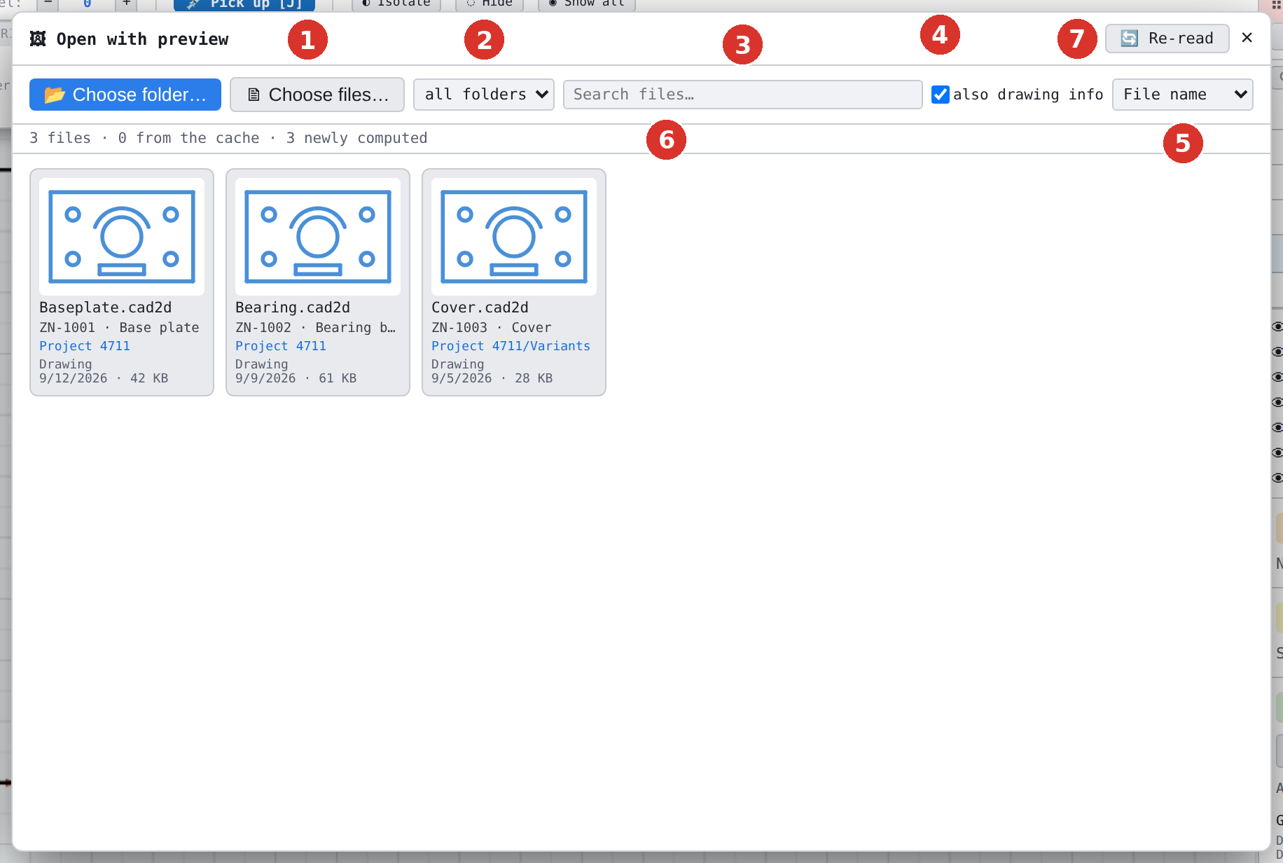The dialog: (1) «Choose folder…» and «Choose files…», (2) folder list, (3) search field, (4) «also drawing info», (5) sorting, (6) status line, (7) «Re-read»