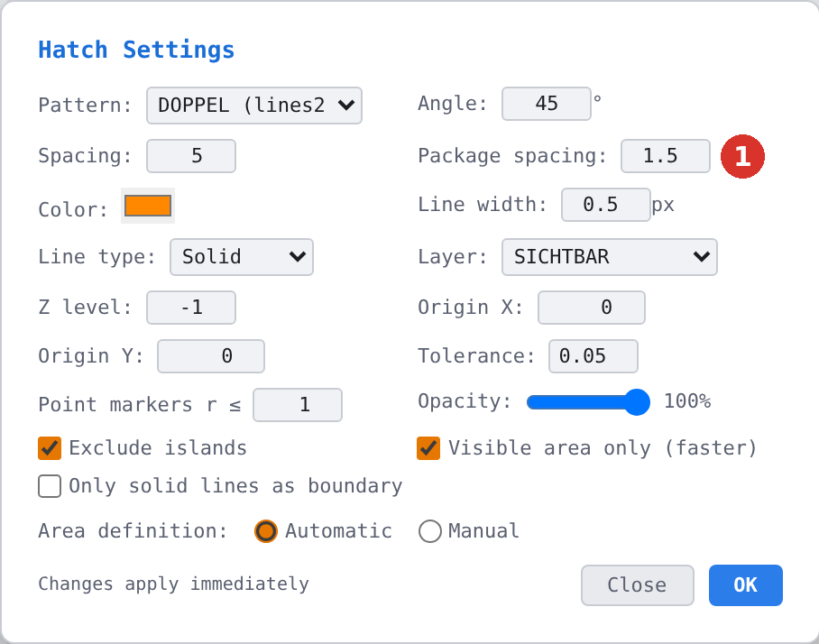 Pattern DOPPEL chosen: the row «Package spacing:» (1) is shown.