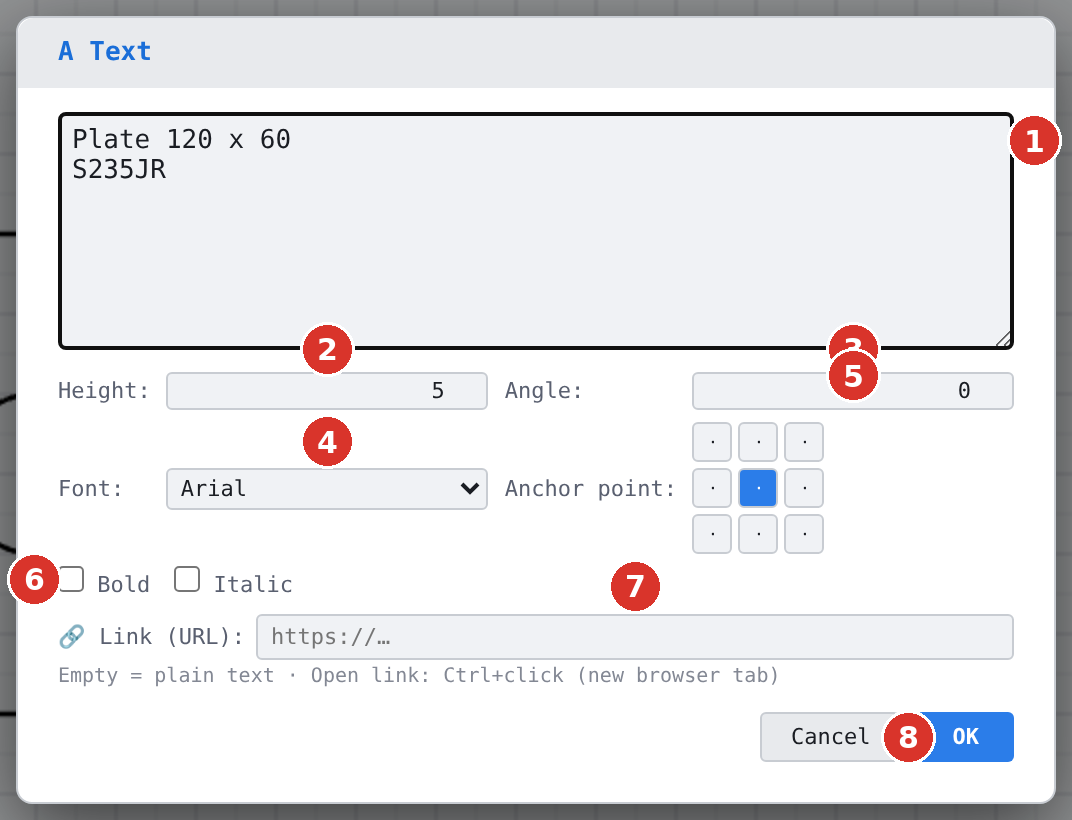 Dialog “A Text”: (1) text field, (2) height, (3) angle, (4) font, (5) anchor point grid, (6) bold and italic, (7) link, (8) OK