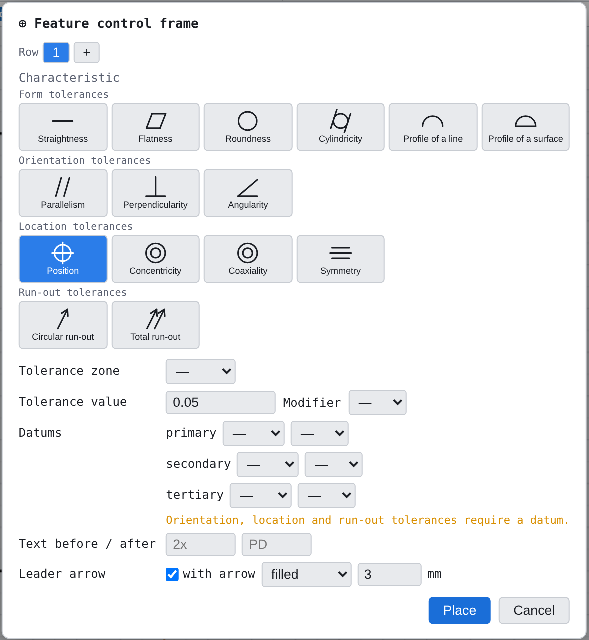The «Feature control frame» dialog with the 15 characteristics in four groups; (1) leader arrow, (2) modifier