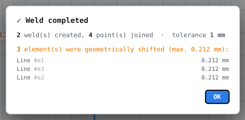 The result dialog: summary, list of the shifted elements with amount, «OK»