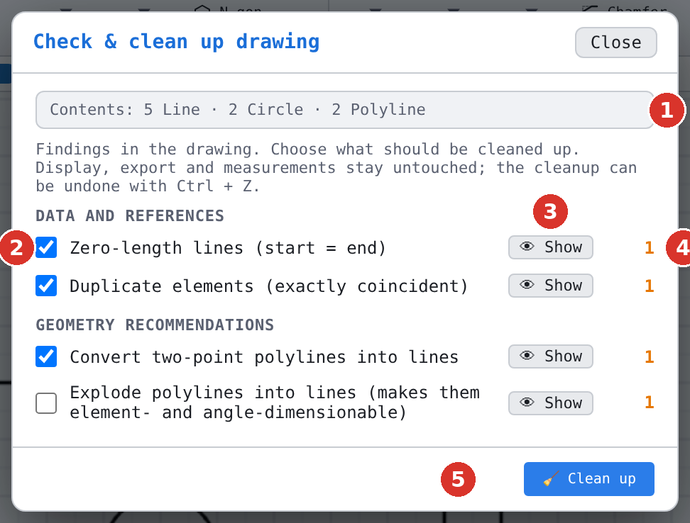 Result: (1) the tally “Contents:”, (2) tick box per finding type, (3) “Show”, (4) number of findings, (5) “Clean up”