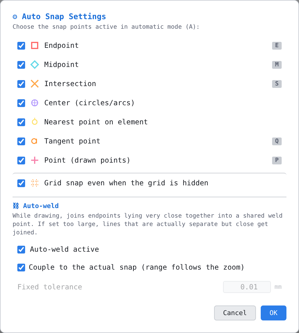 The «Auto Snap Settings» dialog with the seven snap types, the grid snap checkbox and auto-weld