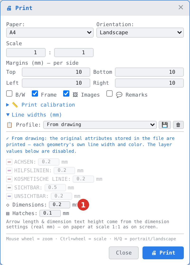 Print dialog, section «Line widths (mm)»: (1) row «Dimensions»