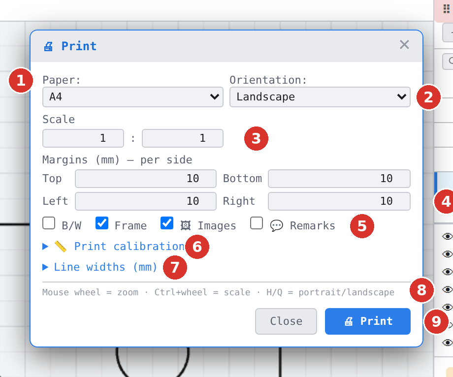 The print dialog in the model: (1) paper, (2) orientation, (3) scale, (4) margins, (5) switches, (6) print calibration, (7) line widths, (8) key hints, (9) Print