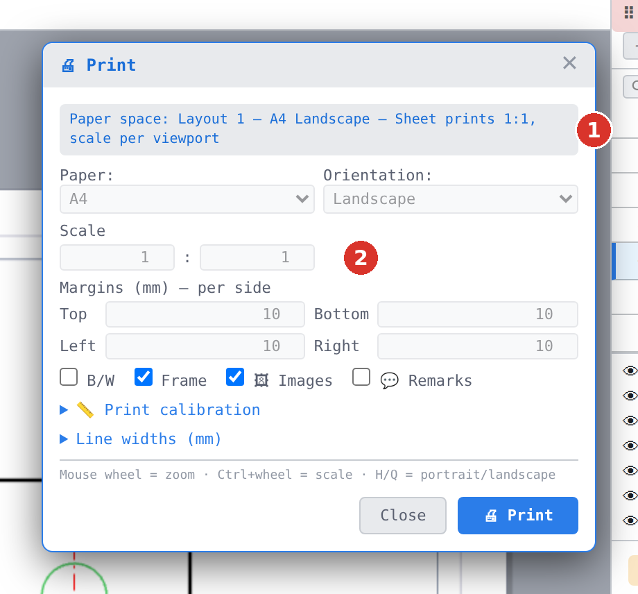 Print dialog on a sheet: (1) note line, (2) greyed-out fields