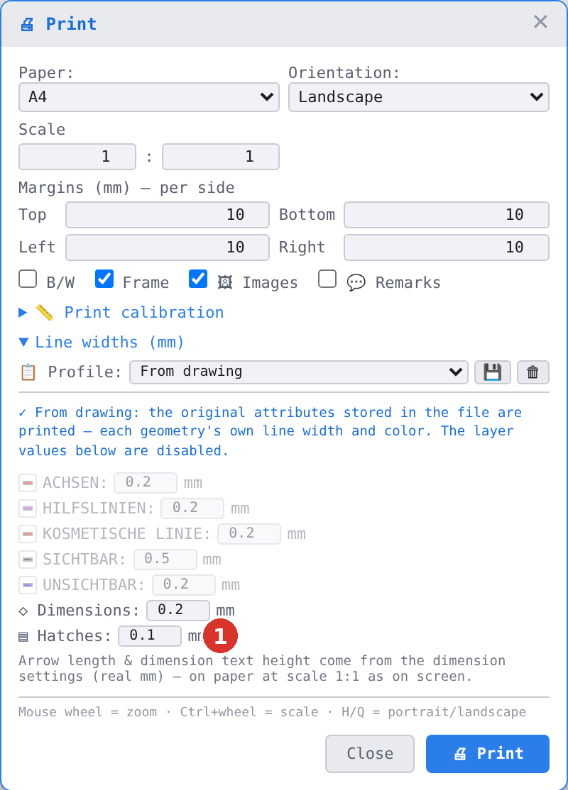 Print dialog with the «Line widths (mm)» section expanded; row «Hatches:» (1)