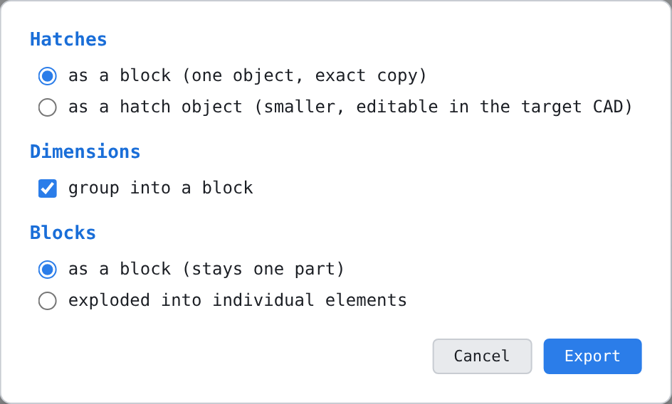 «DXF options» with the section «Blocks»