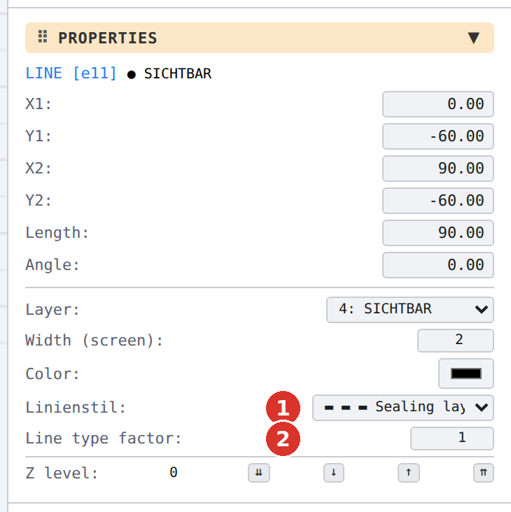 Element with line style “Sealing layer”: (1) line style, (2) line type factor