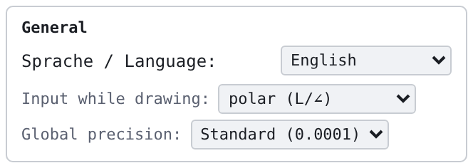 Box «General» with the list «Sprache / Language»