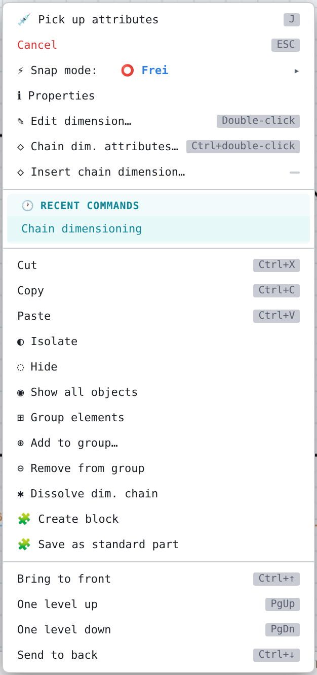Right-click on a chain member: Edit dimension, Chain dim. attributes, Insert chain dimension, Recent commands, Dissolve dim. chain
