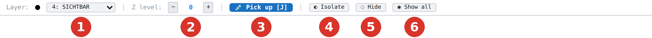 Header bar: (1) active layer with colour dot, (2) drawing Z level, (3) Pick up, (4) Isolate, (5) Hide, (6) Show all