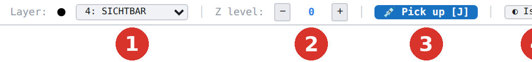 Header bar: (1) active layer with colour dot, (2) drawing Z level, (3) Pick up, (4) Isolate, (5) Hide, (6) Show all — left half