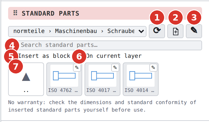 Section «Standard parts»: (1) Reload, (2) Insert local standard part, (3) Edit local standard part, (4) search, (5) Insert as block, (6) On current layer, (7) tiles