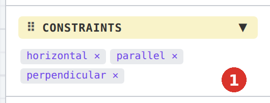 Line a selected: three tags — (1) ✕ deletes the constraint