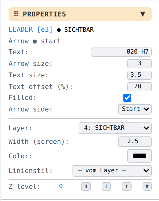 Panel “Properties” of a selected leader