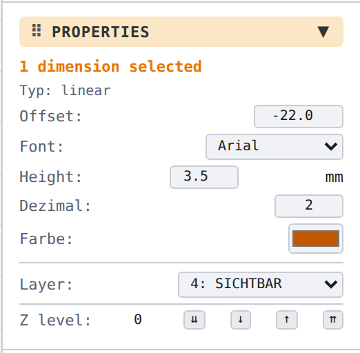 «Properties» panel with a selected linear dimension