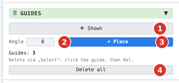(1) show/hide, (2) angle, (3) place, (4) delete all