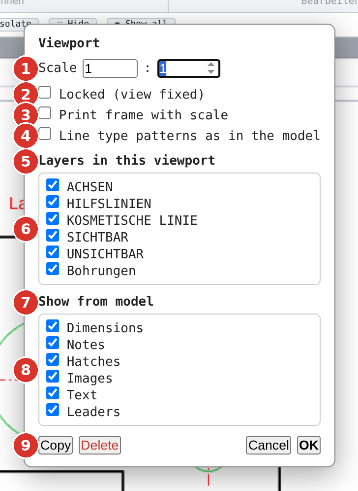 “Viewport” dialog: (1) scale, (2) Locked, (3) Print frame with scale, (4) Line type patterns as in the model, (5)–(6) layers, (7)–(8) object types, (9) Copy, Delete, Cancel, OK