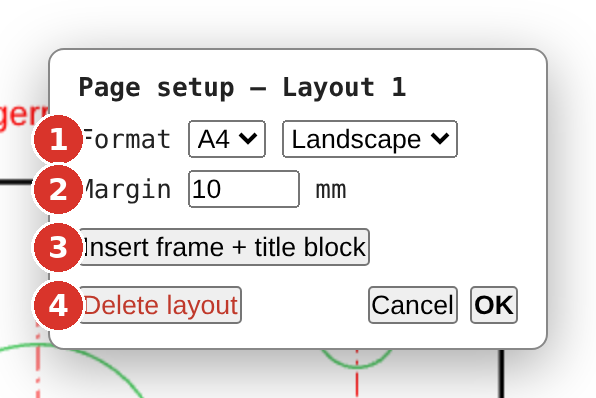 (1) format and orientation, (2) margin, (3) insert frame + title block, (4) delete layout, Cancel, OK