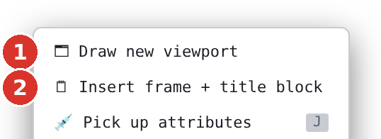 (1) Draw new viewport, (2) Insert frame + title block