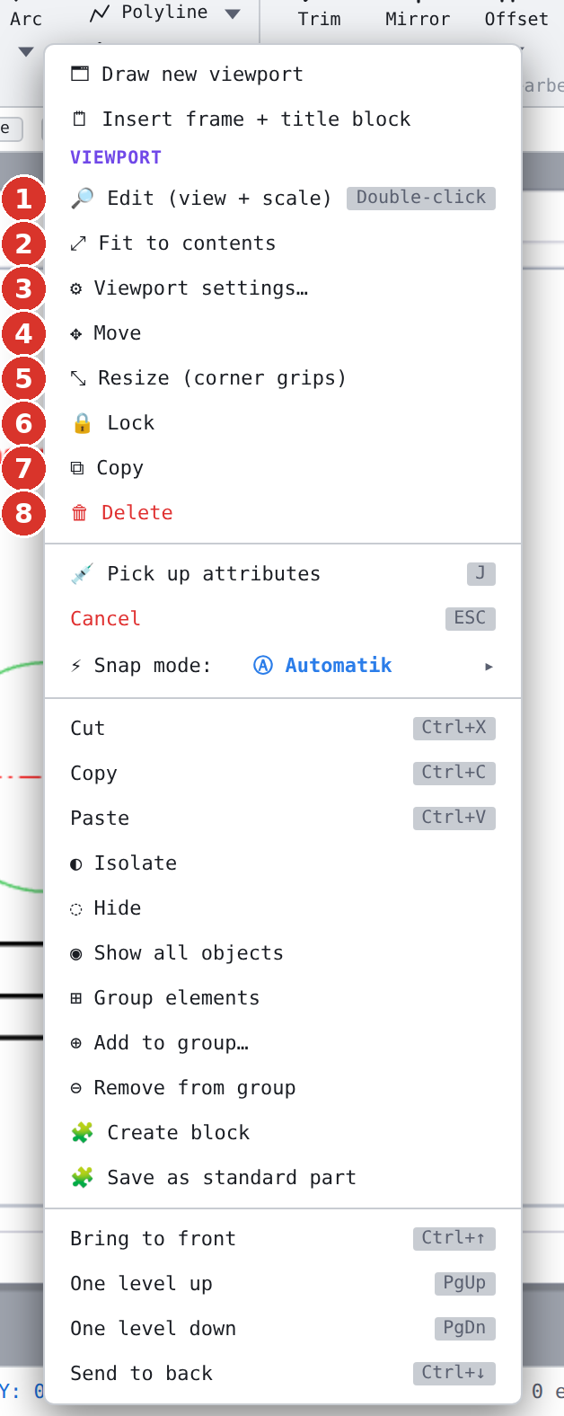 (1) Edit, (2) Fit to contents, (3) Viewport settings…, (4) Move, (5) Resize, (6) Lock, (7) Copy, (8) Delete