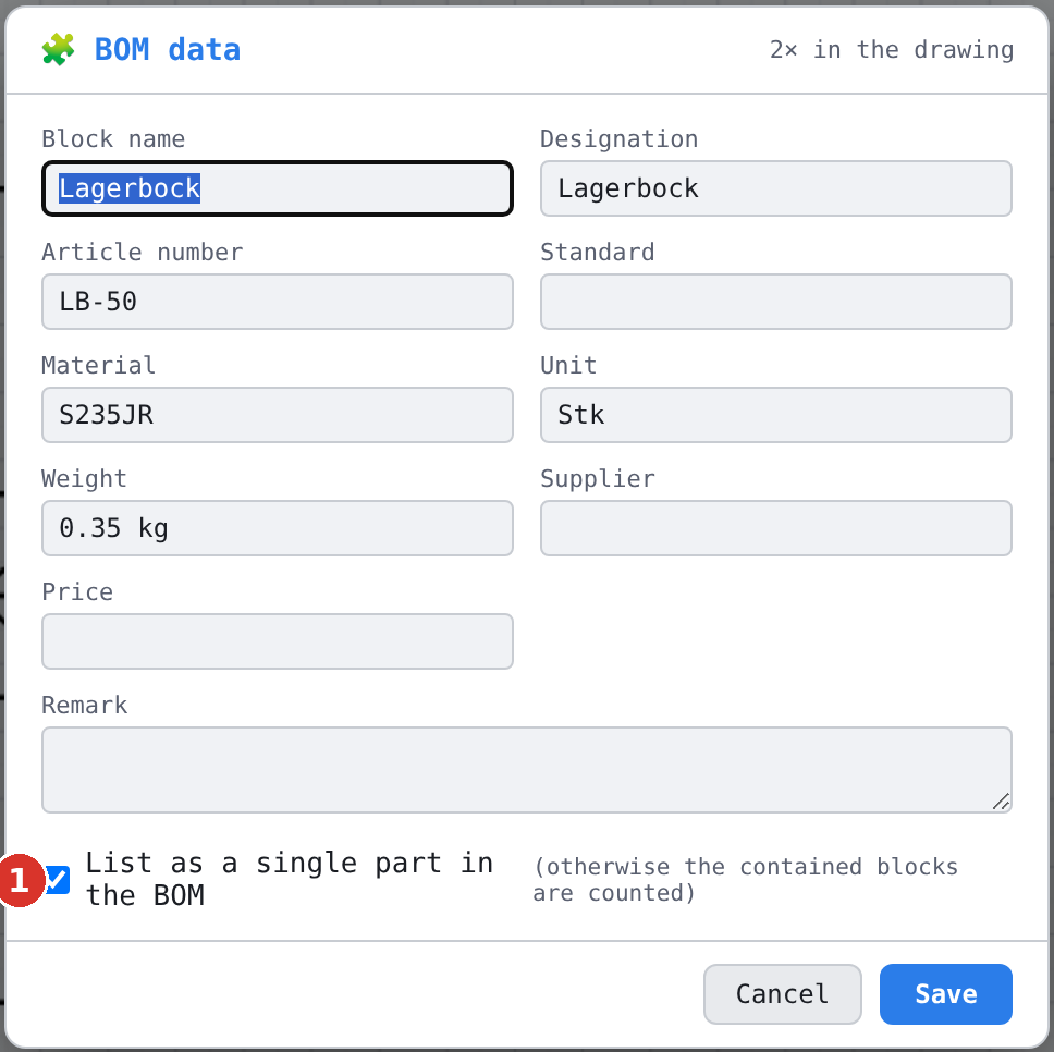 The dialog «BOM data»