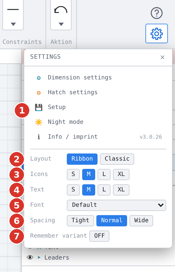 The gear window in the ribbon: (1) the five functions, (2) Layout, (3) Icons, (4) Text, (5) Font, (6) Spacing, (7) Remember variant