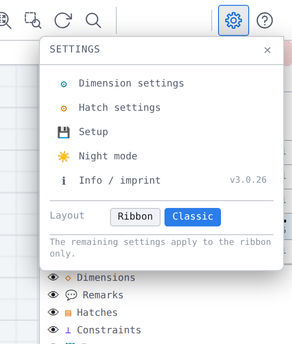 The same window in the classic toolbar: only «Layout», below it the note